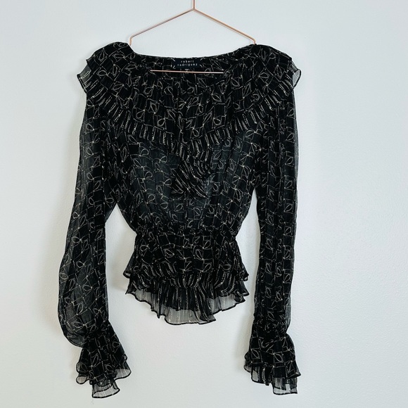 Robert Rodriguez long sleeve ruffled 100% silk sheer printed blouse top - Picture 5 of 8